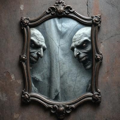 The primary subject of the image is a mirror with a reflection of two ghostly faces. The setting is a dark room, and the visual style appears to be a combination of a photo and digital art. The dominant colors are gray and black, creating a moody atmosphere.